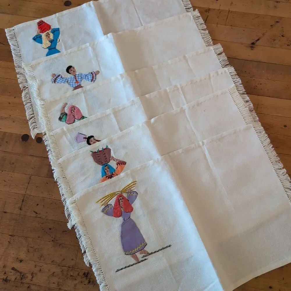 Vintage set of 6 hand embroidered & appliqued placements, 7.5